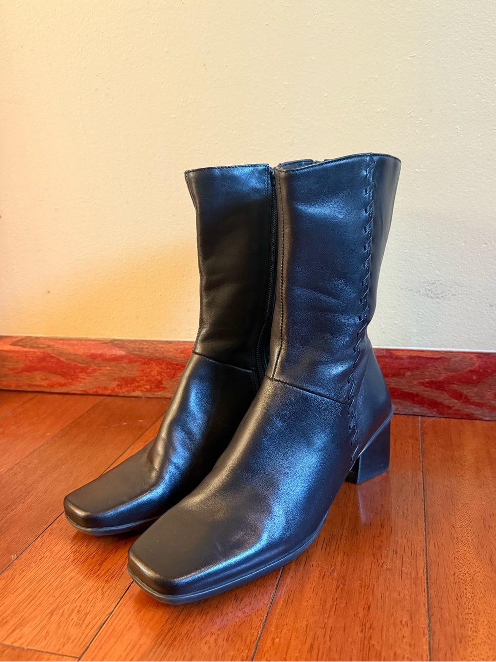 Classic Black Leather Square Toe Zip Up Boots